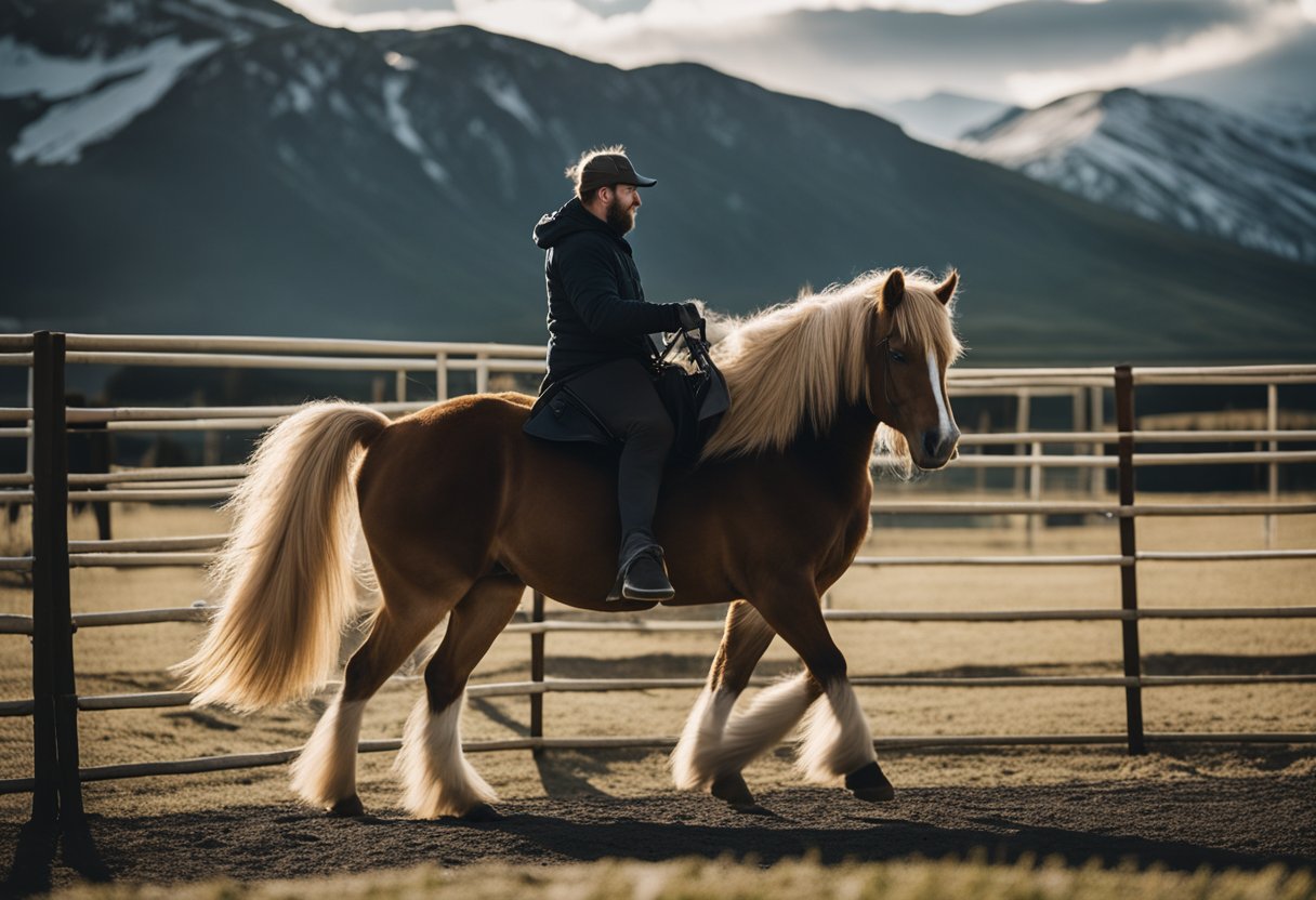 An Icelandic horse being trained in a round pen, with a handler guiding the horse through various exercises and movements