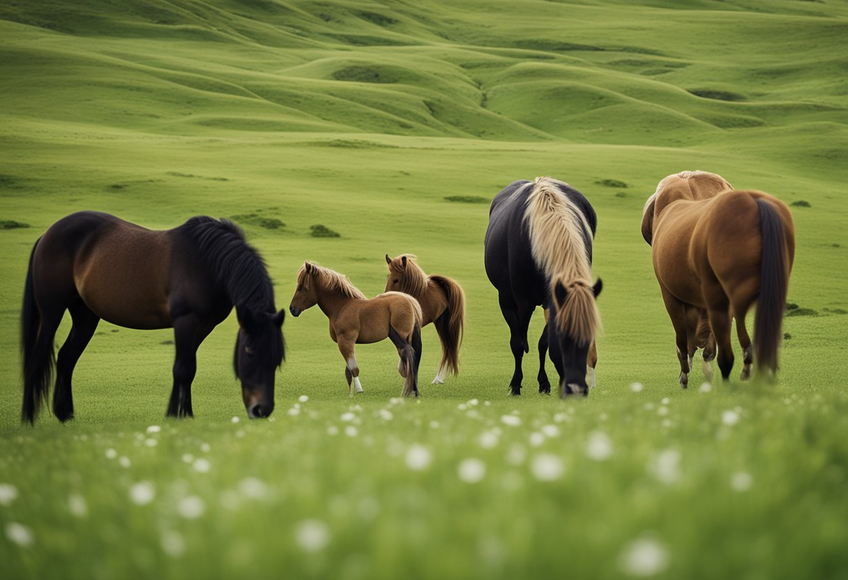 A herd of Icelandic horses grazing in a lush, green meadow, with one horse standing apart, displaying signs of illness