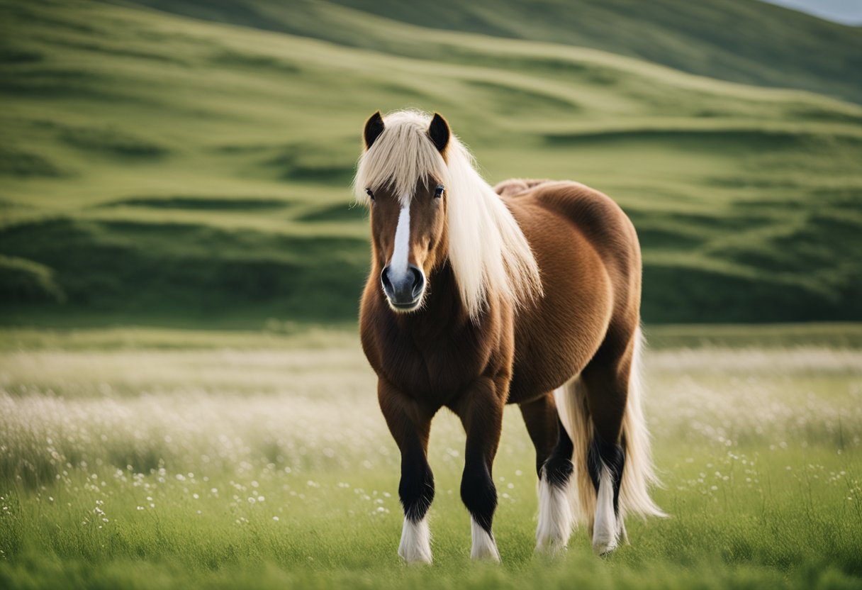A healthy Icelandic horse grazing in a lush green pasture, with a shiny coat and bright eyes, surrounded by a peaceful and serene natural environment