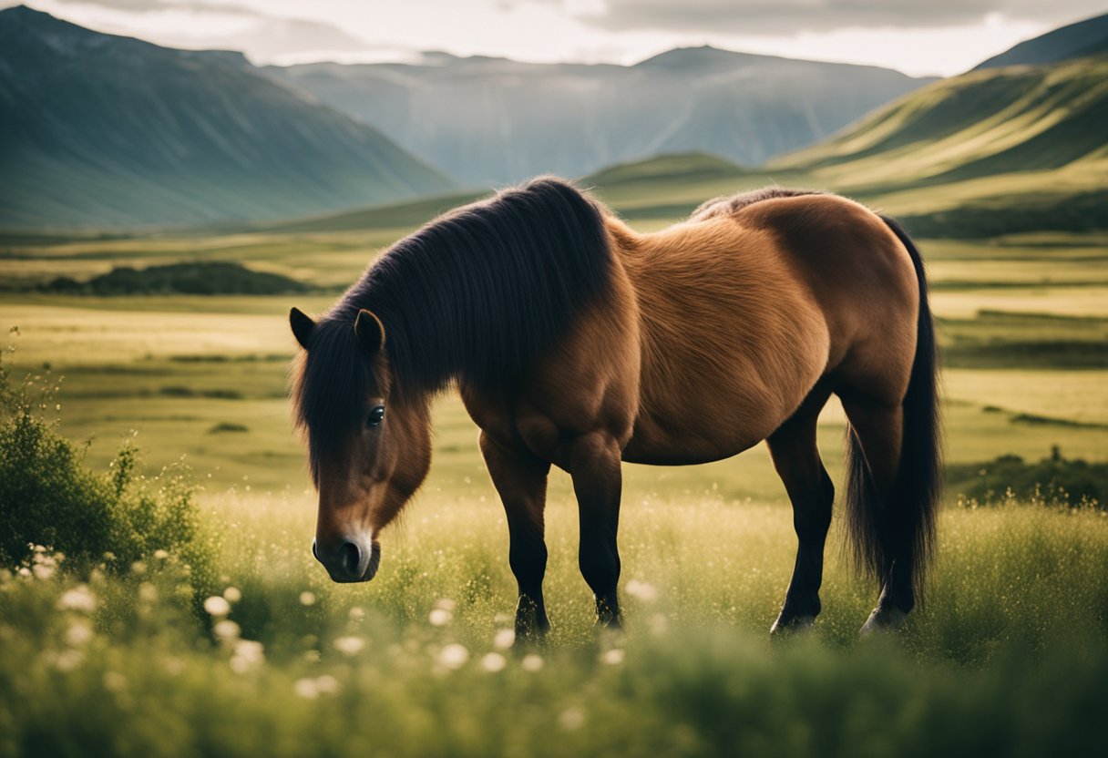 A majestic Icelandic horse stands in a field, surrounded by lush greenery and mountains in the background