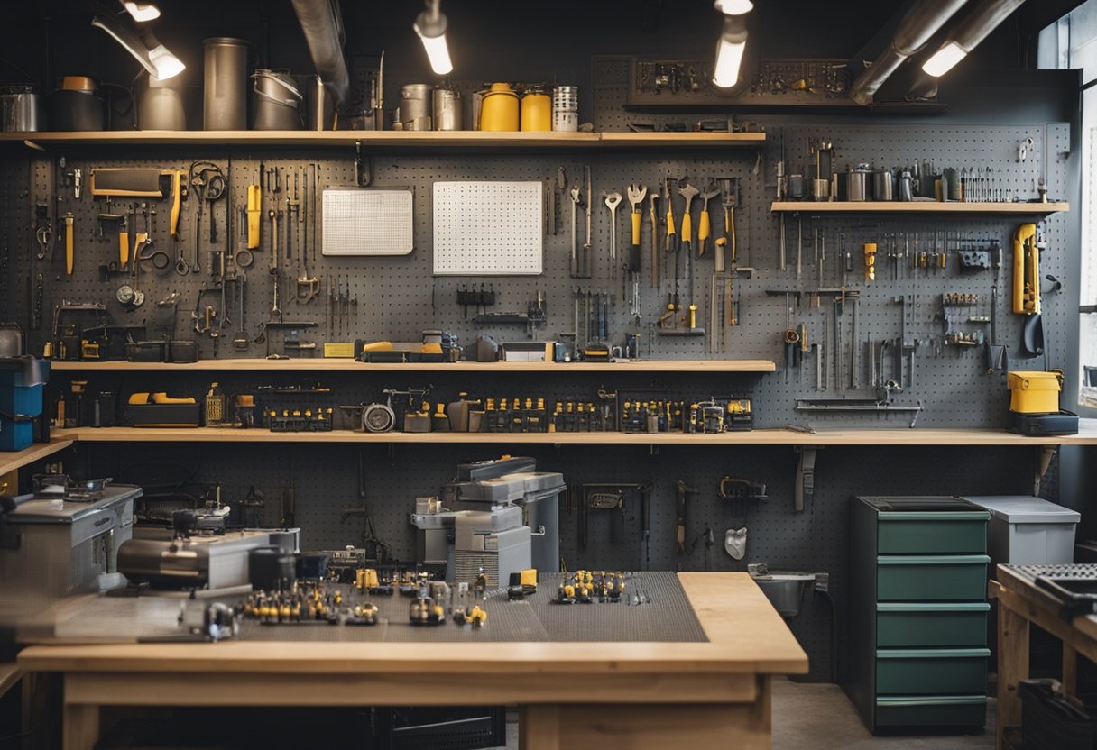A clean, organized workshop with tools neatly arranged on pegboards and shelves. A maintenance logbook sits open on a workbench, surrounded by oil cans and spare parts