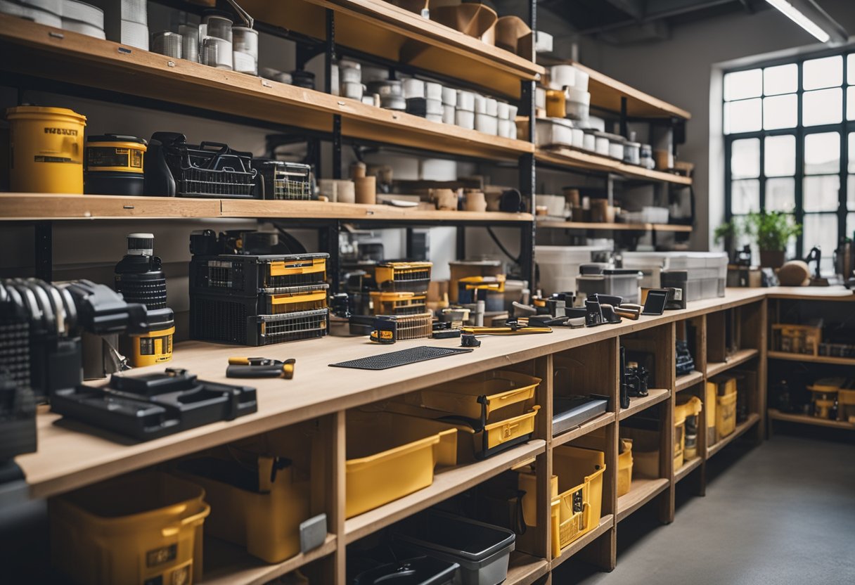 A clean and organized workspace with tools and supplies for maintenance and care. Shelves with labeled containers and a workbench with equipment