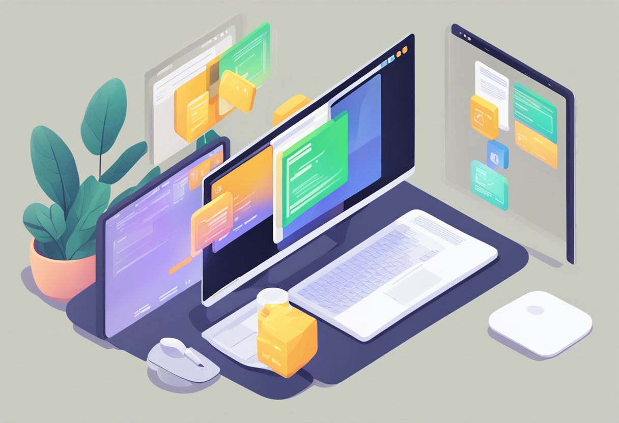 A computer screen shows a Discord chat with a loading GIF stuck. A hand reaches to click on a troubleshooting guide open in a web browser