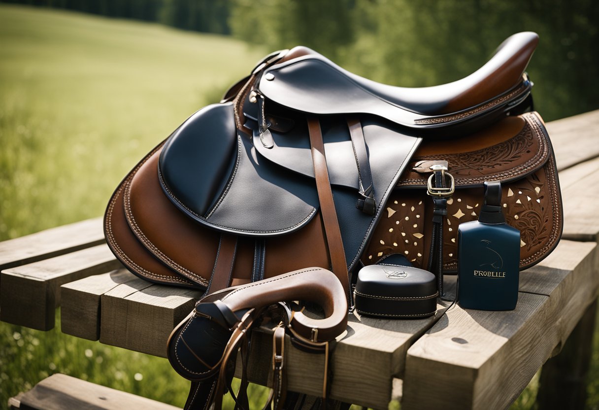 A saddle, bridle, and saddle pad lay on a wooden fence next to a grooming kit and a pair of riding boots