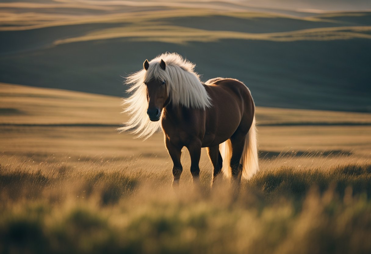 A sturdy Icelandic horse stands in a field, adorned with traditional equipment. The horse's mane and tail flow in the wind as it gazes into the distance