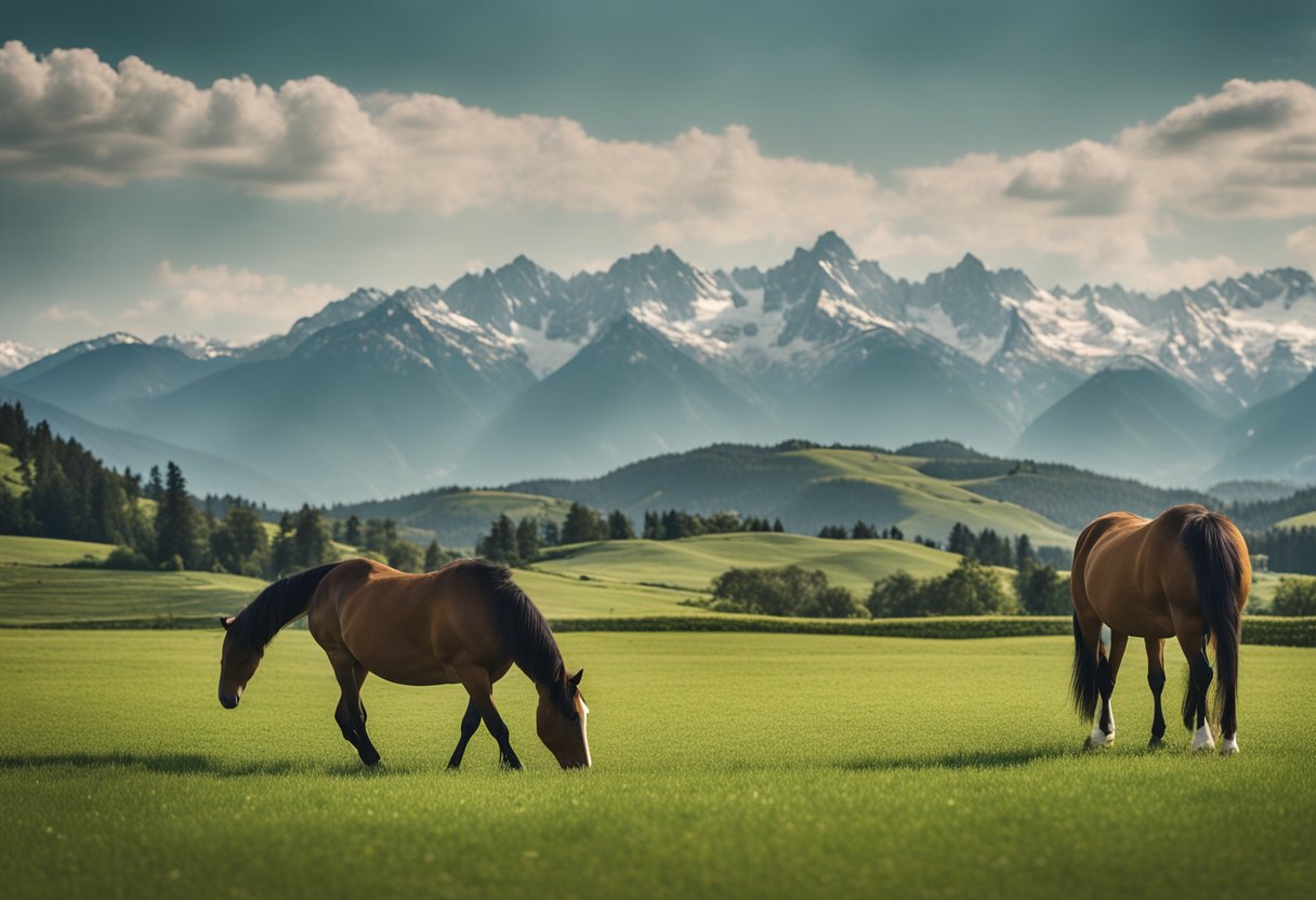 Horses grazing on lush green fields with mountains in the background