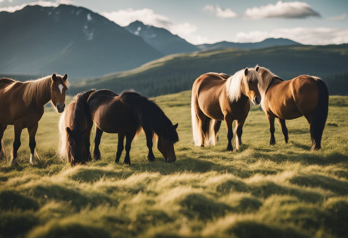 A group of Icelandic horses being fed in a pasture with hay and grain, surrounded by a scenic landscape of mountains and lush greenery