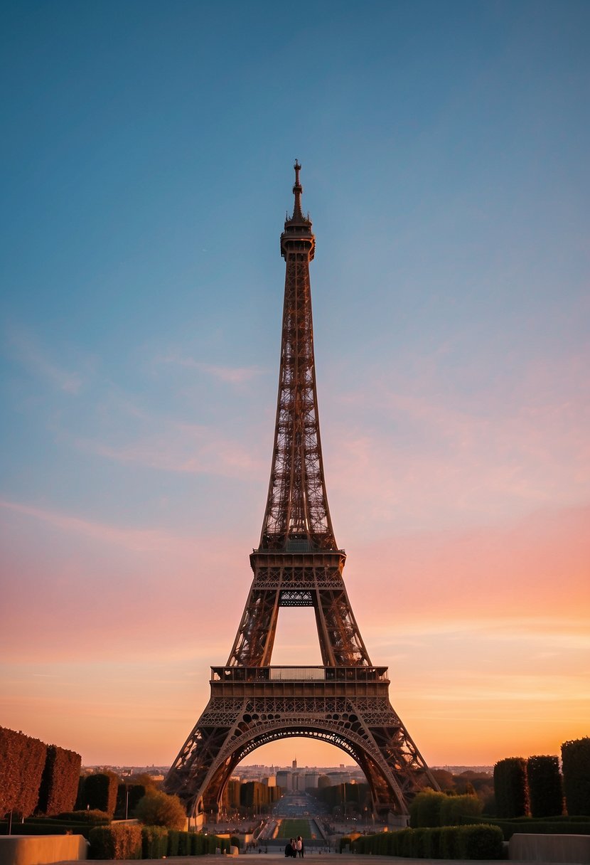 The Eiffel Tower stands tall against a pink and orange sunset, with a clear blue sky in the background
