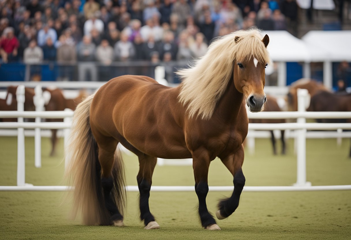 A powerful Icelandic horse competes in a show, mane flowing, muscles tense. The crowd watches as it showcases its strength and grace in the arena
