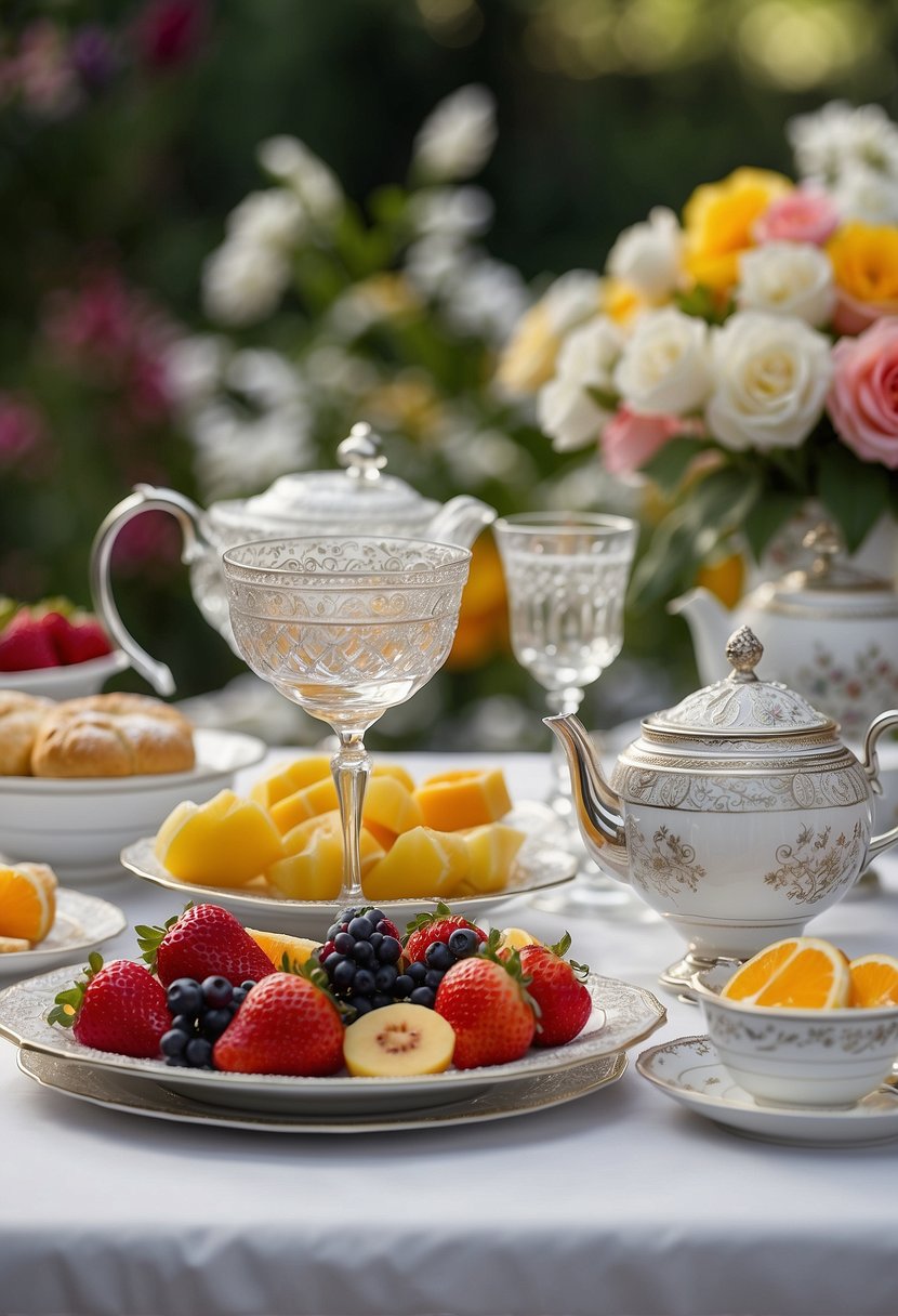 A table set with an elegant white tablecloth, adorned with fine china, crystal glasses, and a floral centerpiece. A silver tea set and an assortment of pastries and fruits are arranged nearby