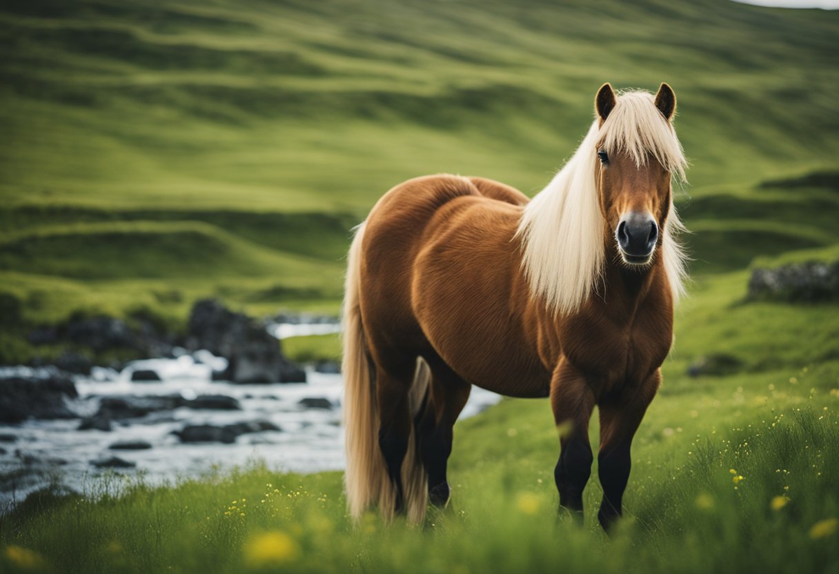 The Icelandic horse being cared for in a tranquil, natural setting with lush green grass and a clear, flowing stream