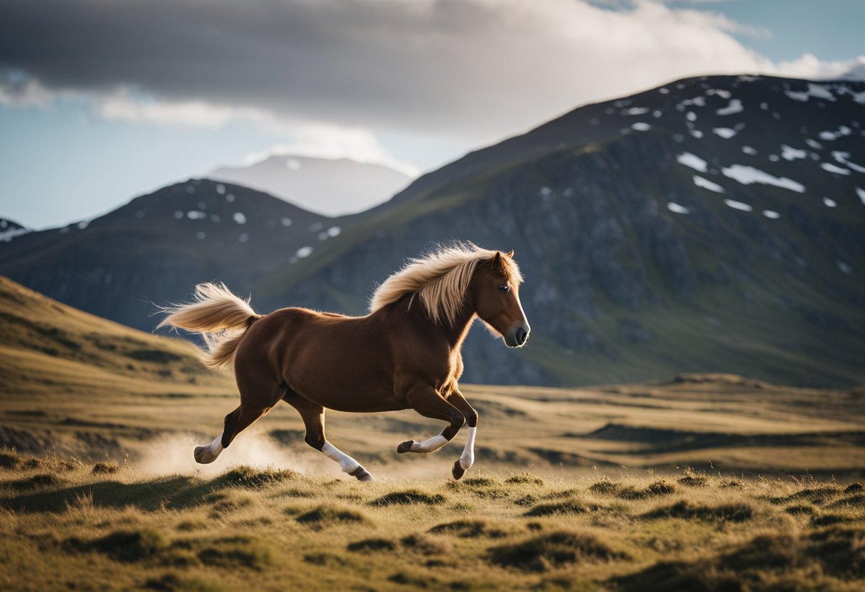 A majestic Icelandic horse galloping through a rugged Norwegian landscape, symbolizing the historical and cultural significance of the breed in Norway
