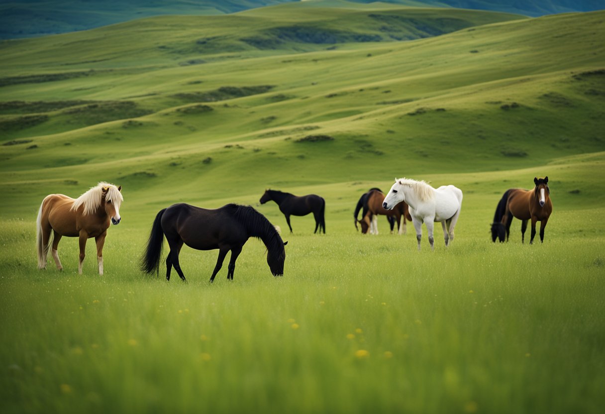 A herd of Icelandic horses grazes in a lush meadow, surrounded by rolling hills and a clear blue sky
