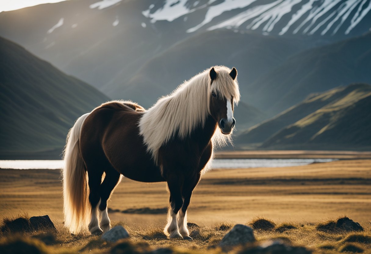 A majestic Icelandic horse stands proudly against a backdrop of rugged mountains and flowing rivers, symbolizing its important role in Icelandic culture
