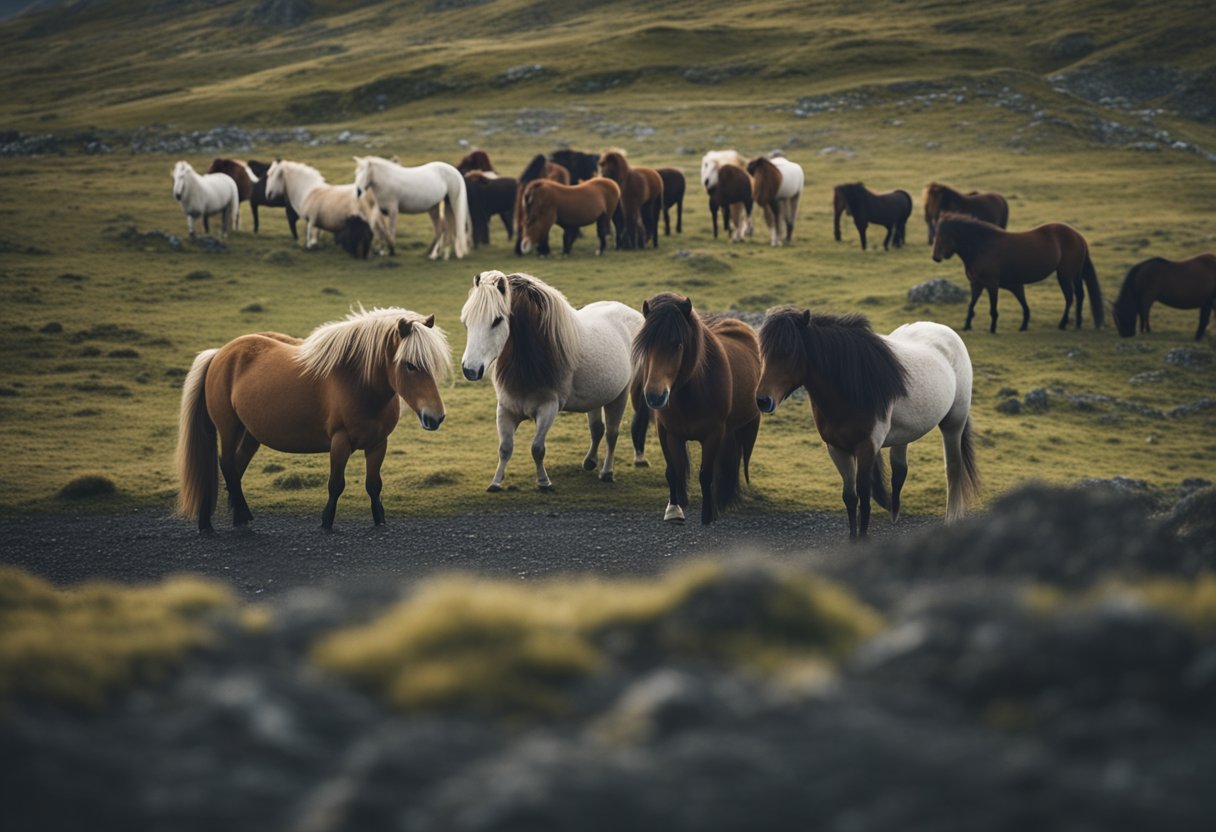 A herd of Icelandic horses roam freely across a rugged landscape, symbolizing their historical and cultural significance in Icelandic culture