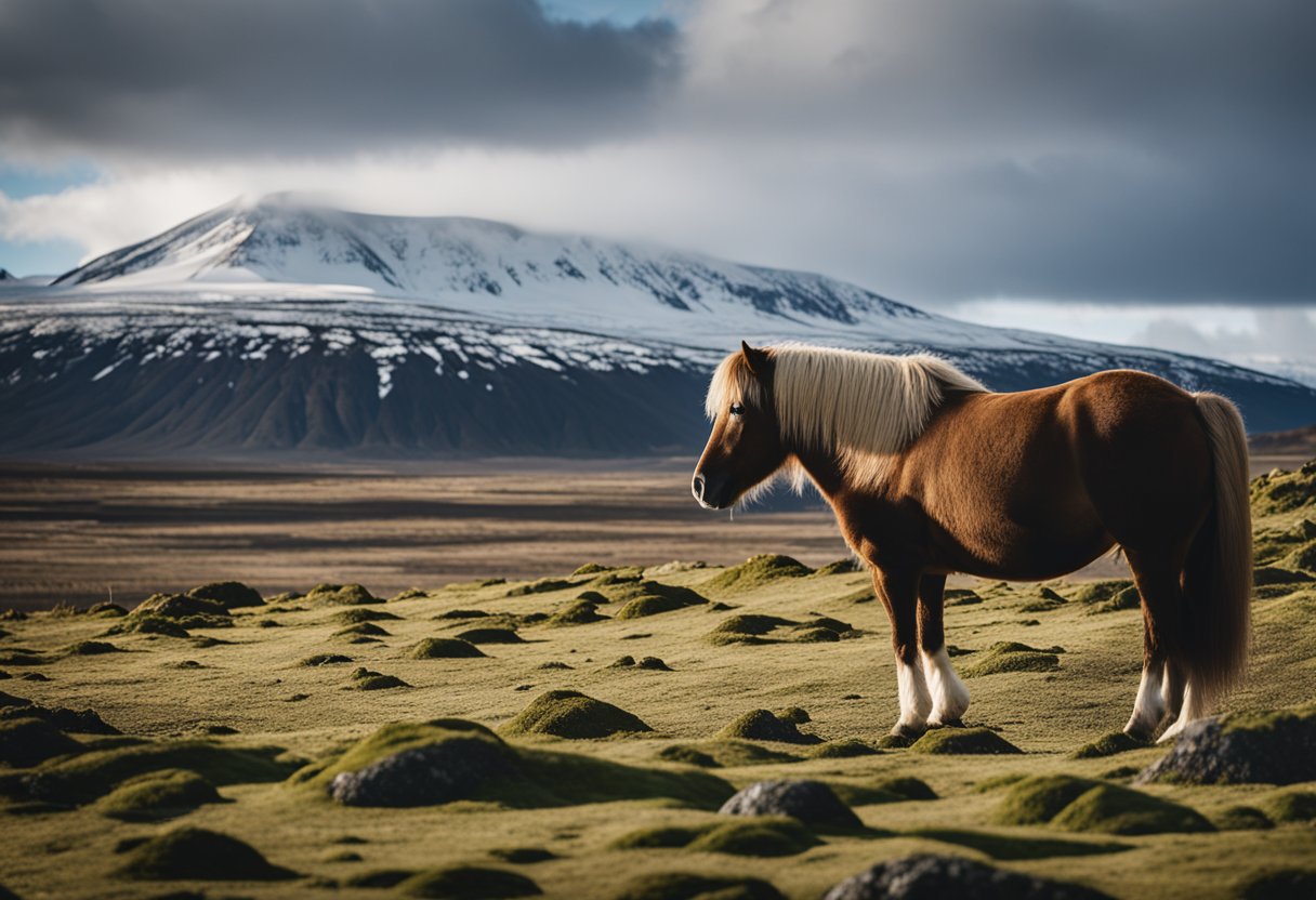 The Icelandic horse grazing peacefully in a rugged, volcanic landscape, surrounded by moss-covered lava fields and snow-capped mountains