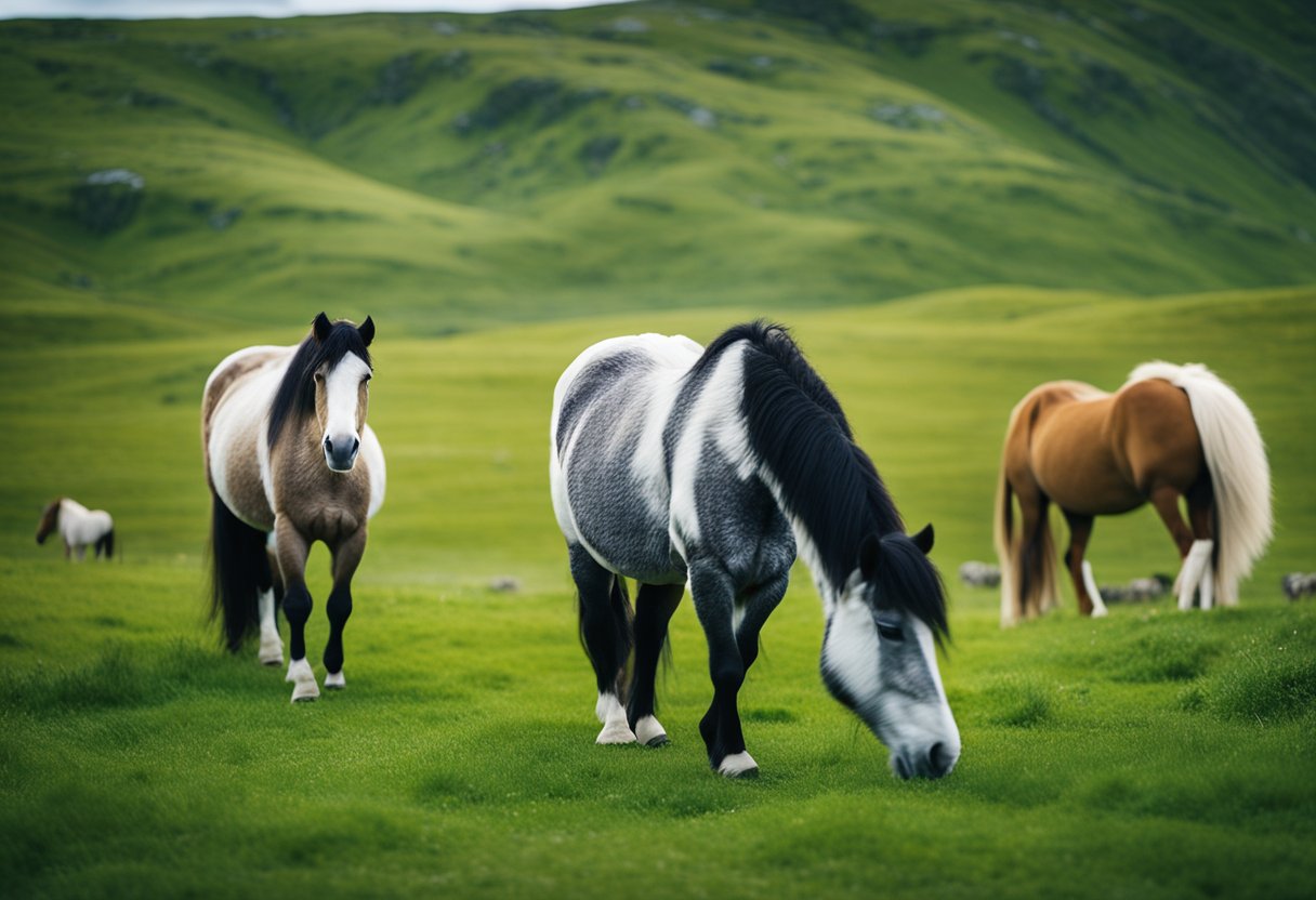 A group of Icelandic horses grazing in a lush green meadow, their colorful coats and unique patterns creating a beautiful and vibrant scene