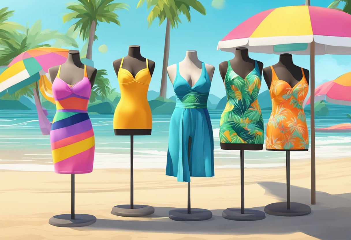 A sunny beach with colorful swimwear displayed on mannequins. Palm trees sway in the background as waves crash on the shore