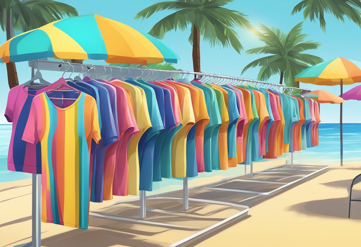 A beach scene with colorful, trendy swimwear displayed on mannequins or hangers. Sunshine and palm trees in the background