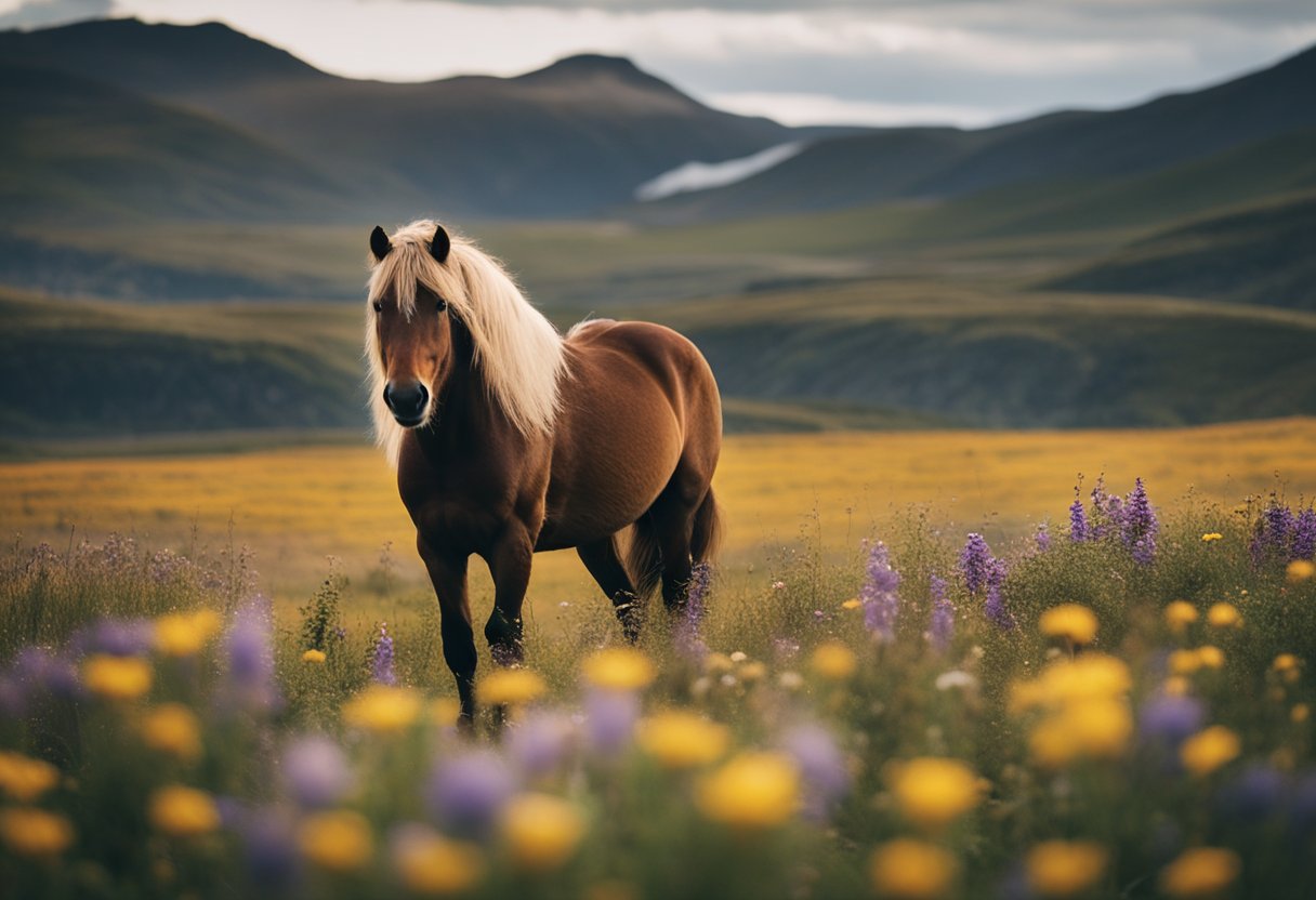 A majestic Icelandic horse with a thick, luxurious mane gallops through a field of vibrant wildflowers, its coat adorned with a blend of rich earth tones and intricate, traditional Icelandic patterns