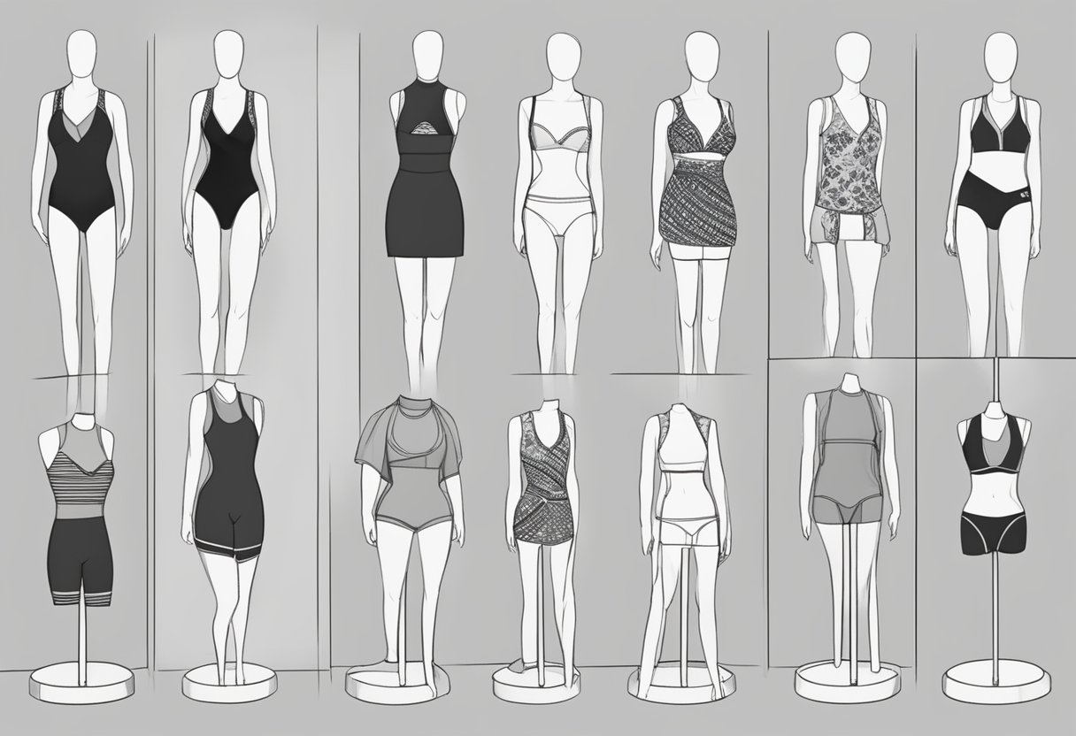 A variety of swimwear styles displayed on mannequins, showcasing different cuts and designs for various body types