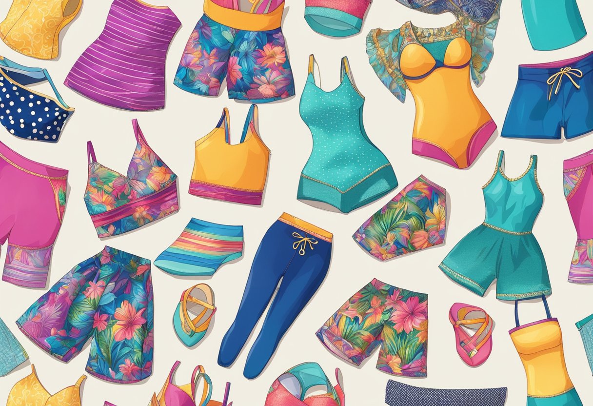 A variety of swimwear materials and fabrics are displayed on a table, including colorful prints, textured fabrics, and shiny embellishments