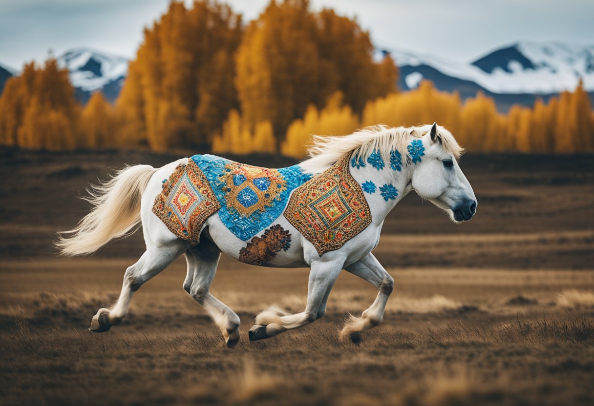 A majestic Icelandic horse galloping through a vibrant landscape, with colorful patterns and symbols representing its cultural and sporting significance