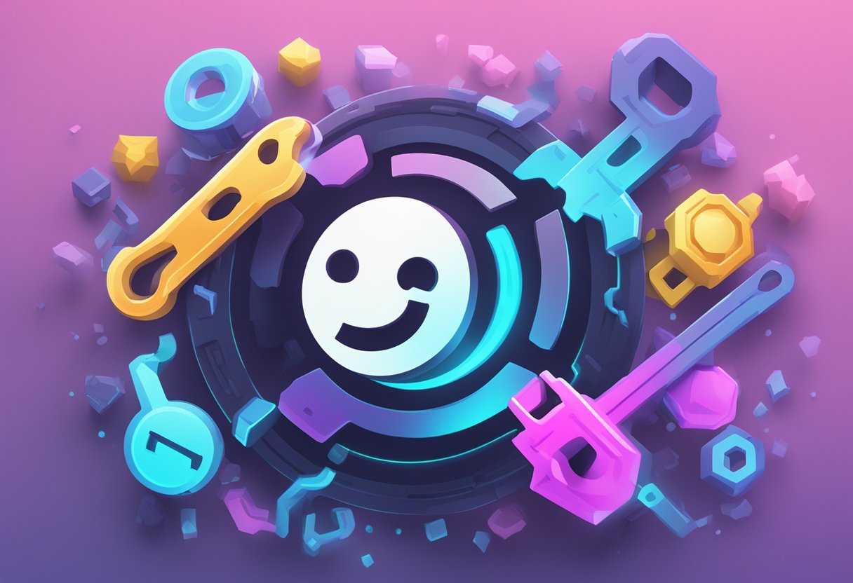 Discord's logo glowing with a wrench symbol, surrounded by floating error messages