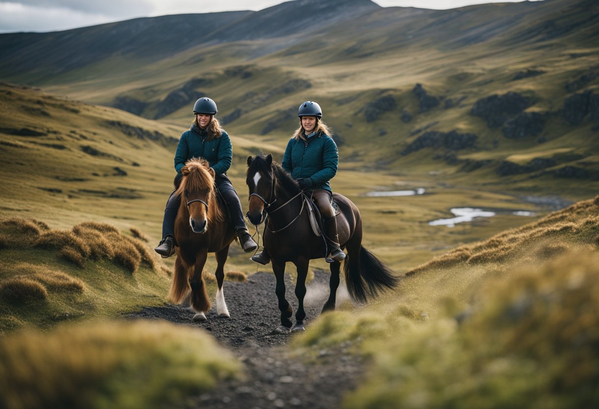 Riding Icelandic horses through rugged terrain