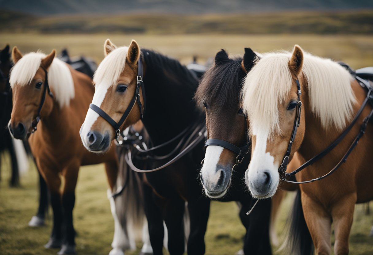 A group of Icelandic horses being prepared for a guided tour ride, with saddles and bridles being adjusted by handlers
