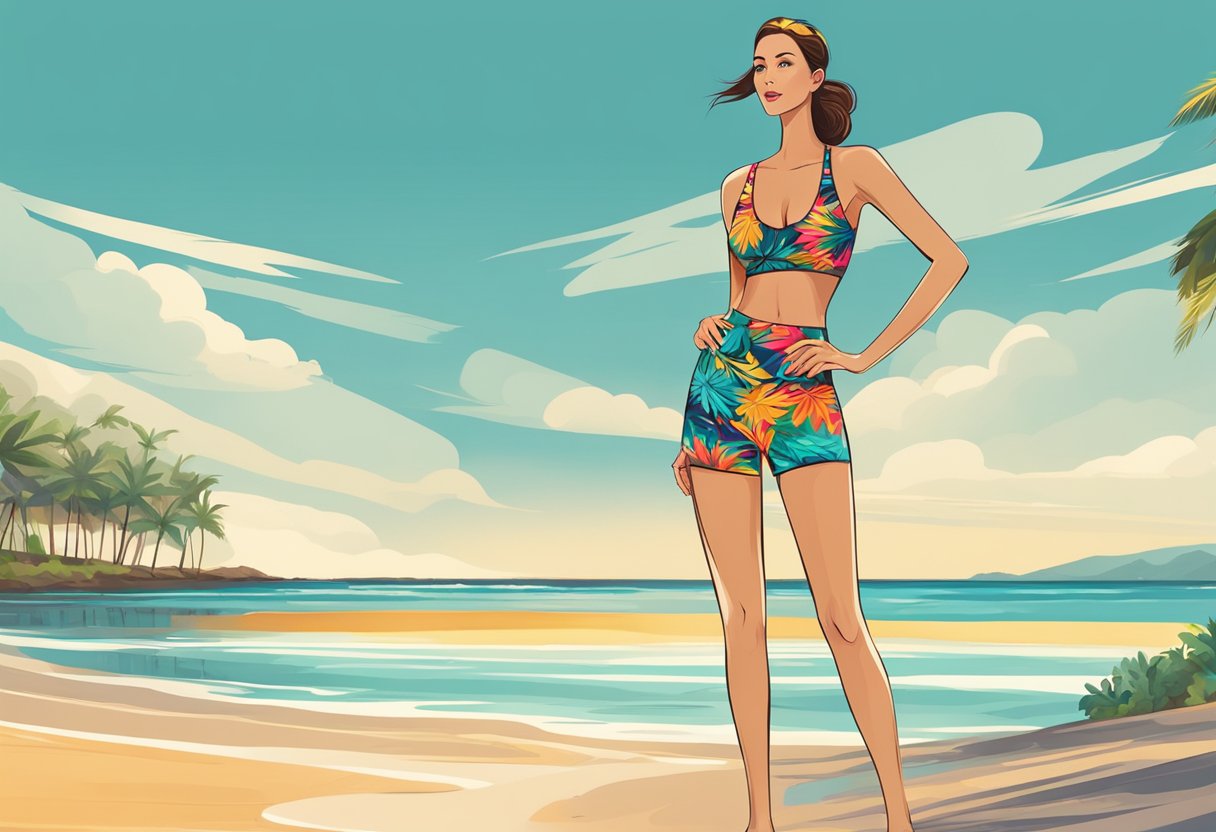 A tall woman stands on a sandy beach, wearing a tankini swimwear set in a bold, colorful print. She looks confident and comfortable in the stylish and flattering two-piece