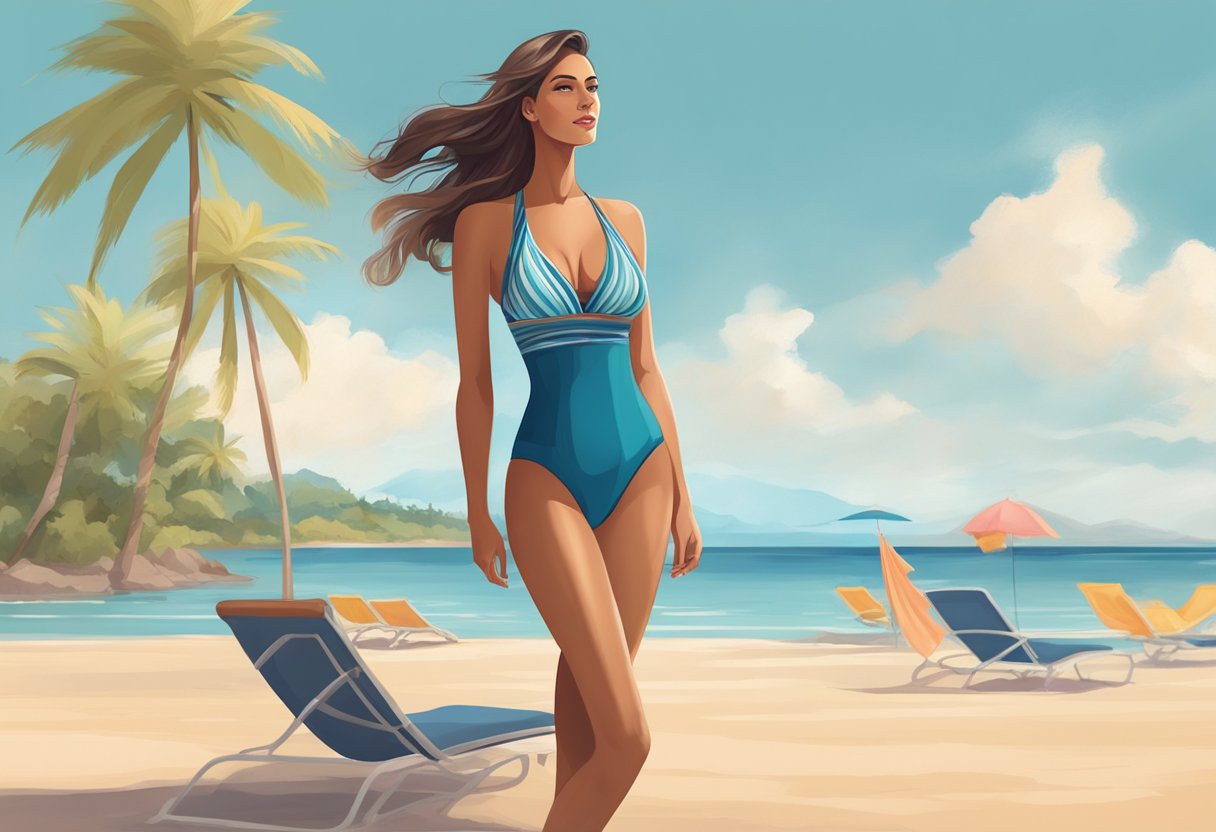 A tall woman stands confidently in a tankini swimwear, enjoying the freedom of movement and comfort, while showcasing her long and elegant figure