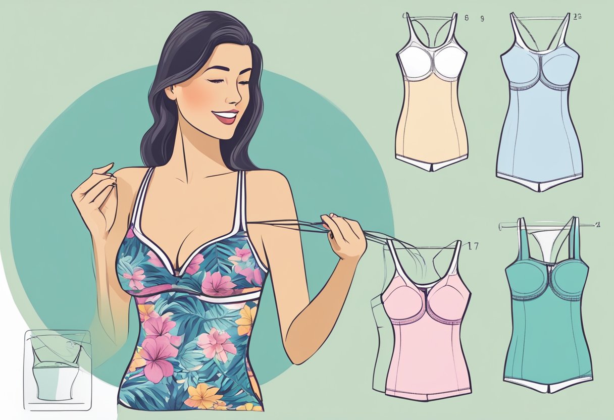 A tall woman tries on a tankini swimwear, checking the sizing and fit guide for the perfect match