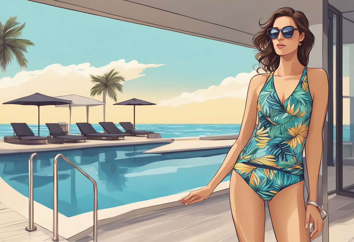 A tall woman wearing a tankini swimwear, standing confidently by the poolside with a relaxed and stylish pose