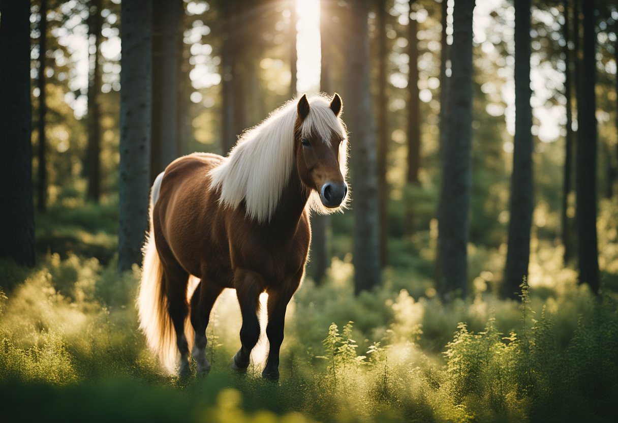 A sturdy Icelandic horse calmly walks through a peaceful forest, surrounded by lush greenery and gentle sunlight filtering through the trees