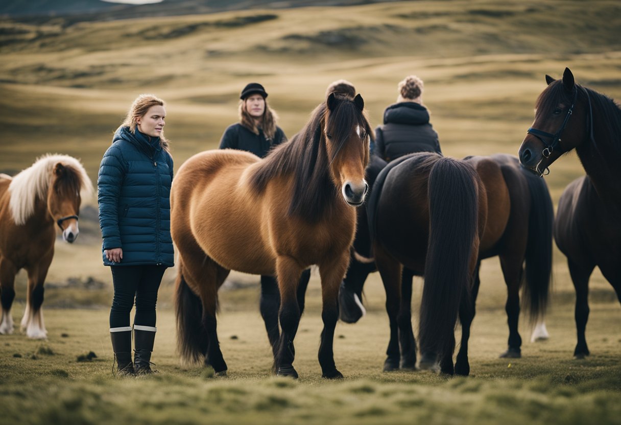 A serene Icelandic horse calmly walks alongside a group of individuals, providing a sense of comfort and support during therapy riding sessions