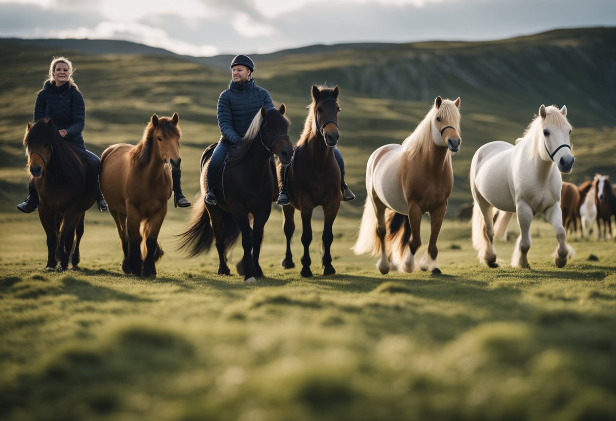 A group of Icelandic horses are being led through a therapeutic riding session, with handlers and therapists guiding the gentle animals