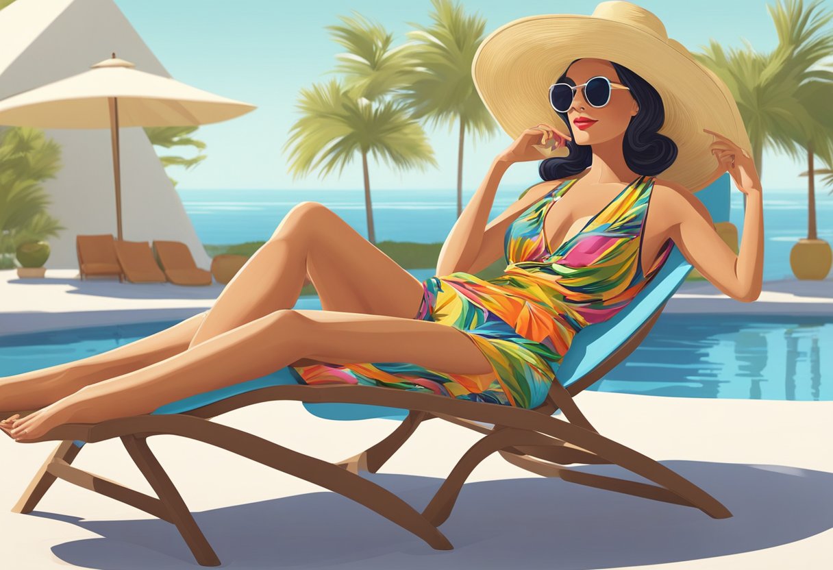 A middle-aged woman lounges by the pool in a stylish one-piece swimsuit, with a wide-brimmed hat and oversized sunglasses. A colorful sarong is draped over the edge of her lounge chair