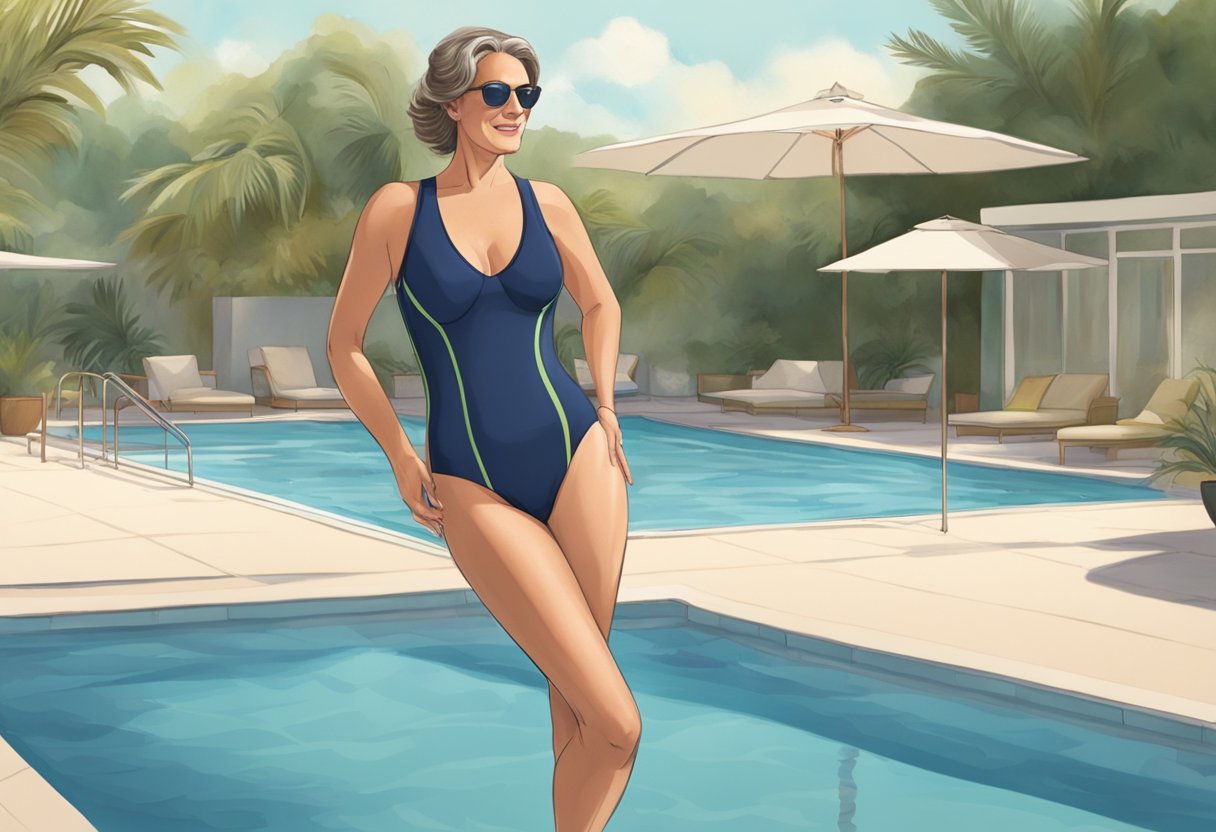 A middle-aged woman stands by a pool, wearing a stylish one-piece swimsuit with a flattering cut and supportive design. She exudes confidence and comfort in her swimwear choice