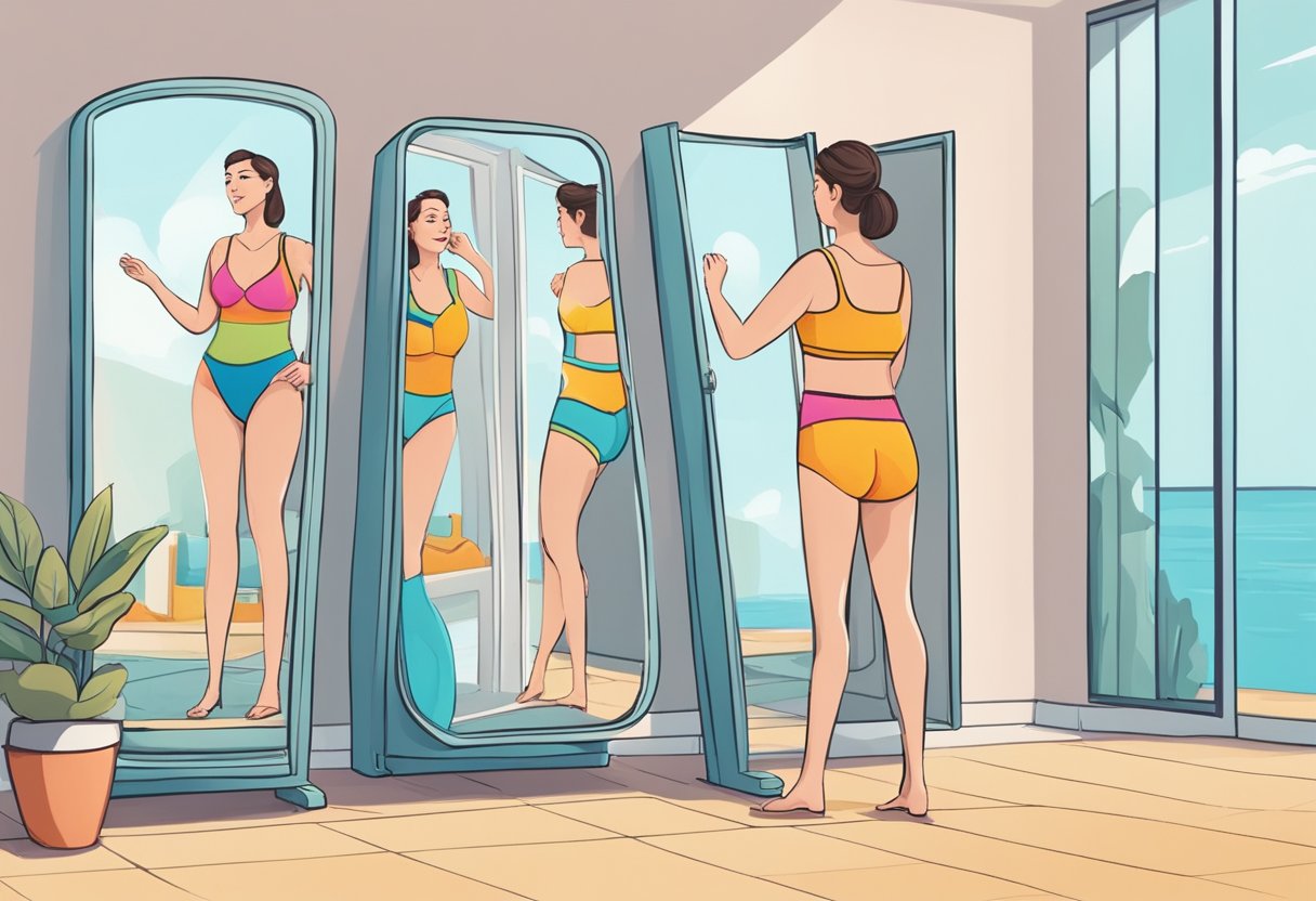 A middle-aged woman tries on different swimwear styles in front of a full-length mirror, carefully examining the fit and feeling confident in her choice