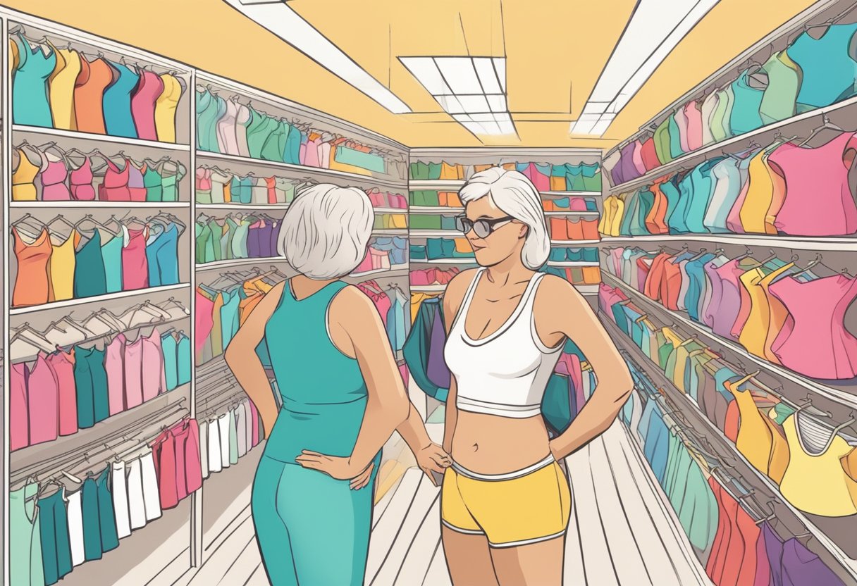 A middle-aged woman carefully compares swimwear sizes and fits, surrounded by racks of colorful swimsuits in a well-lit boutique