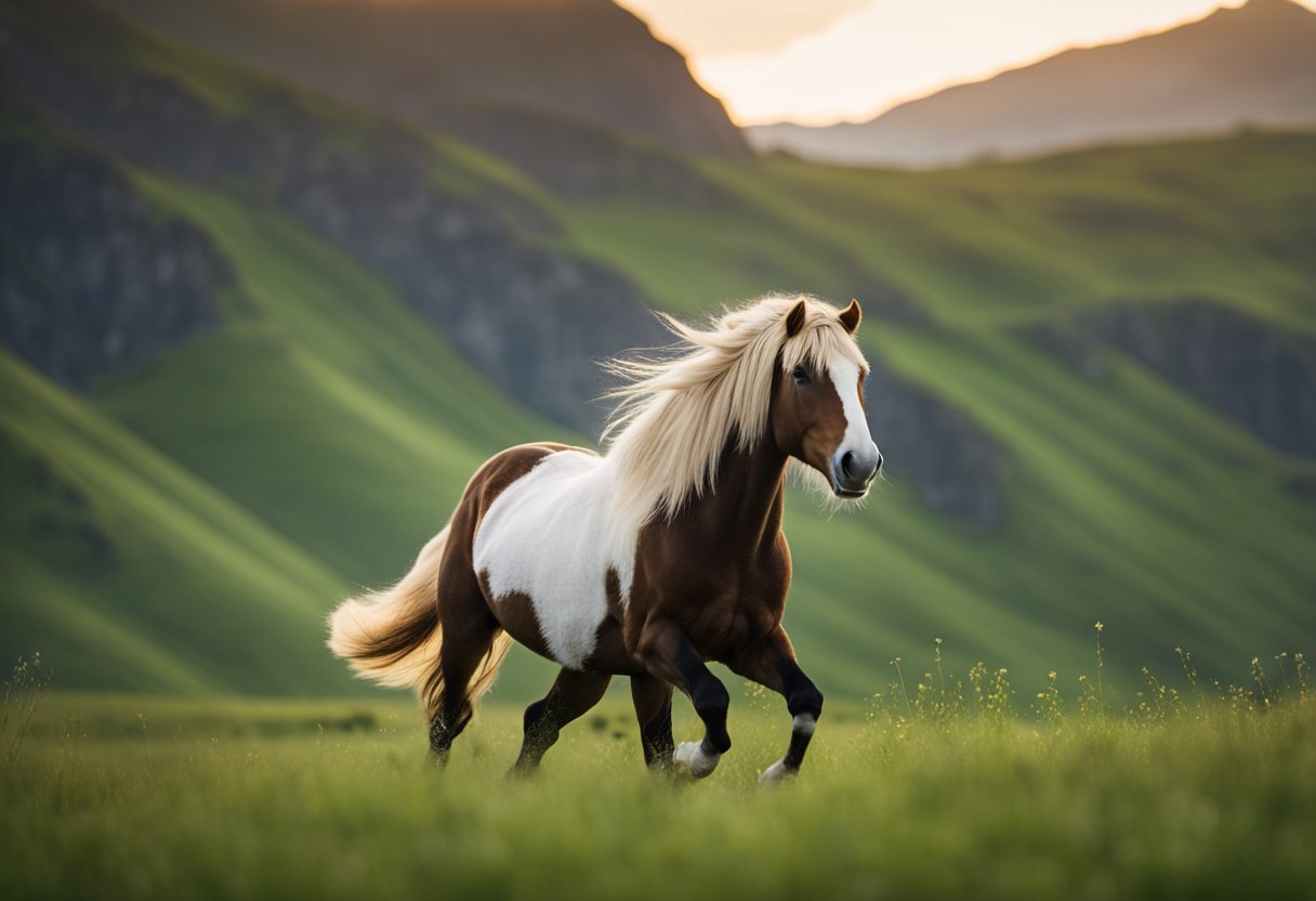 A majestic Icelandic horse galloping through a lush, green meadow with mountains in the background