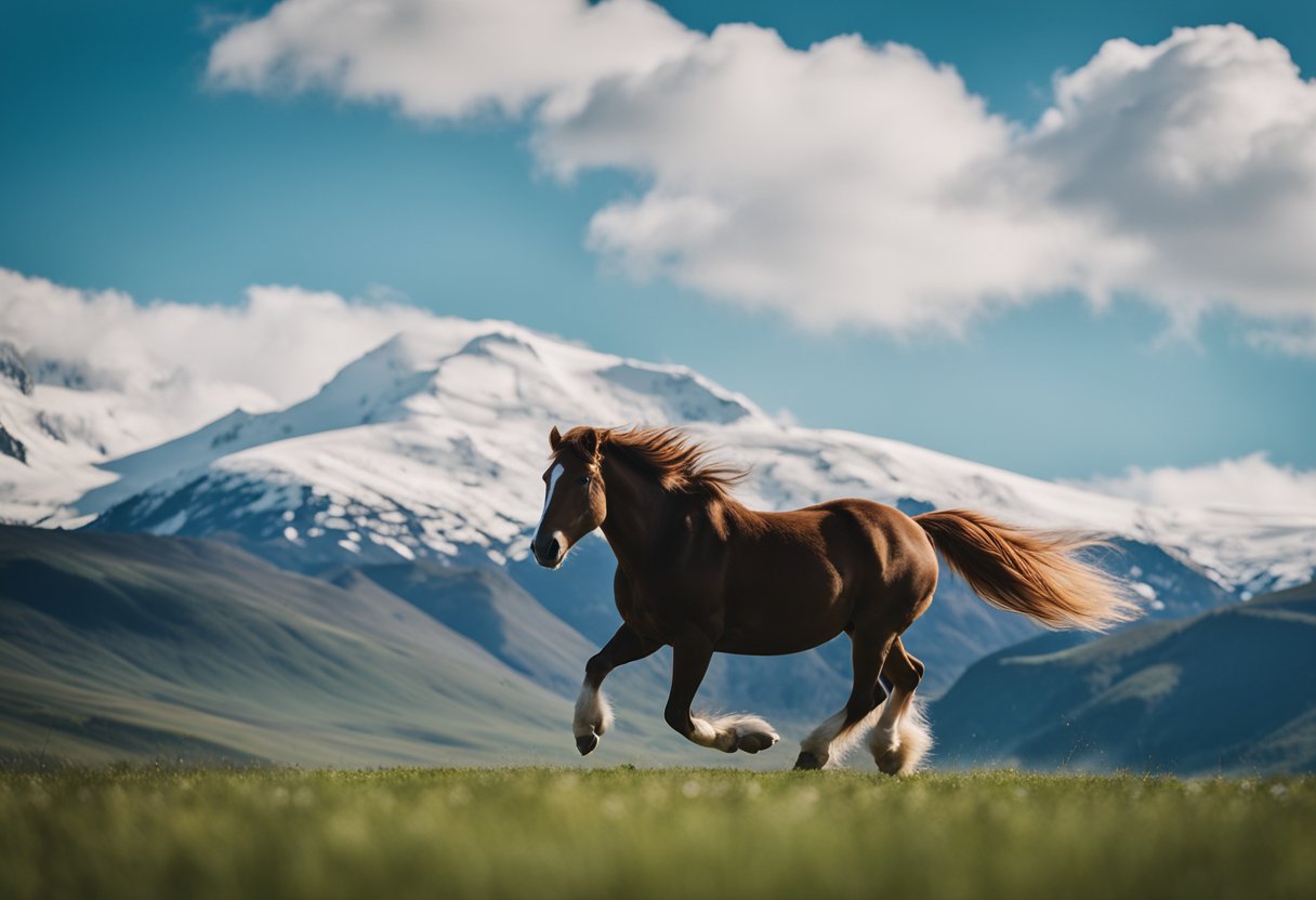 A majestic Icelandic horse galloping through a lush green meadow with a backdrop of snow-capped mountains and a clear blue sky