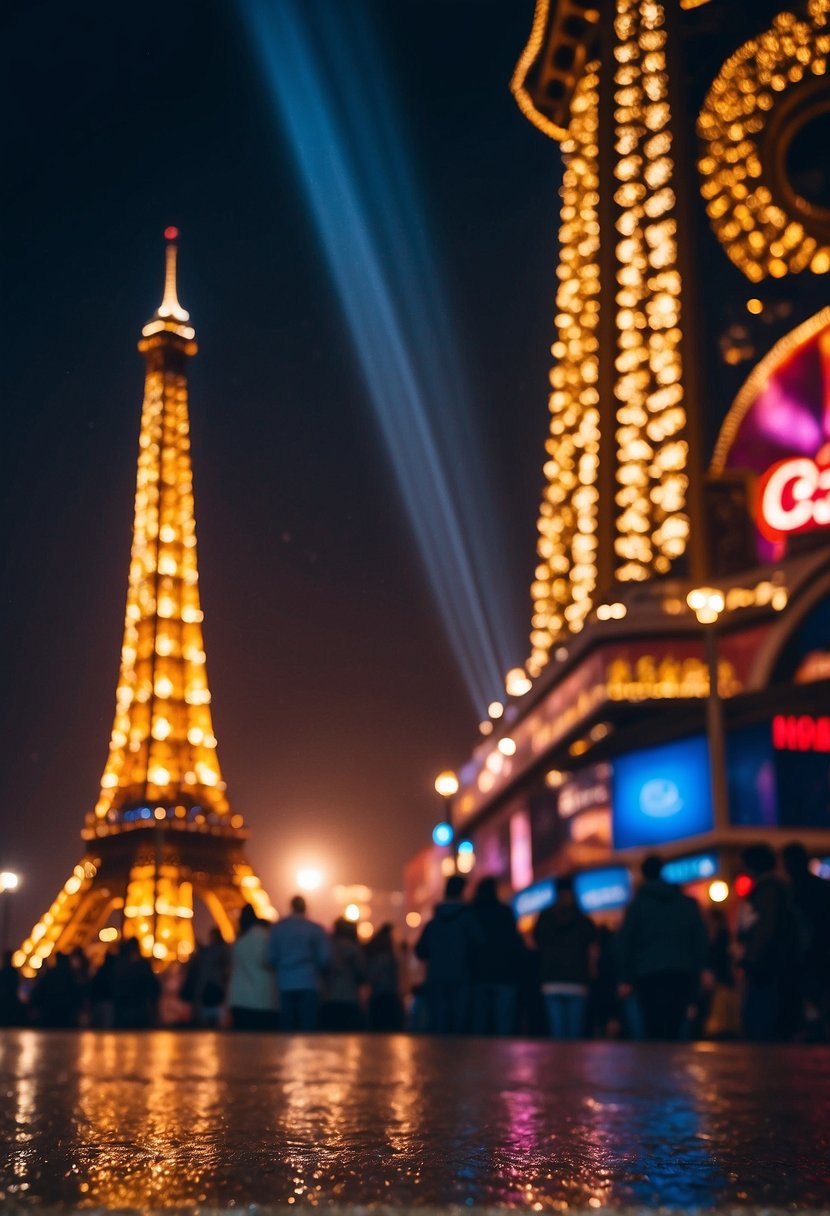 A sparkling stage with vibrant colors and dazzling lights, showcasing the iconic landmarks of Paris. The Eiffel Tower, Moulin Rouge, and Arc de Triomphe are brought to life in a mesmerizing display