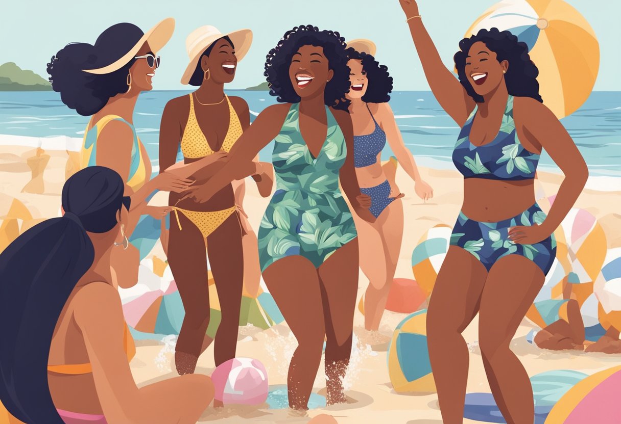 A group of diverse women in swimwear enjoying a day at the beach, laughing and playing in the water