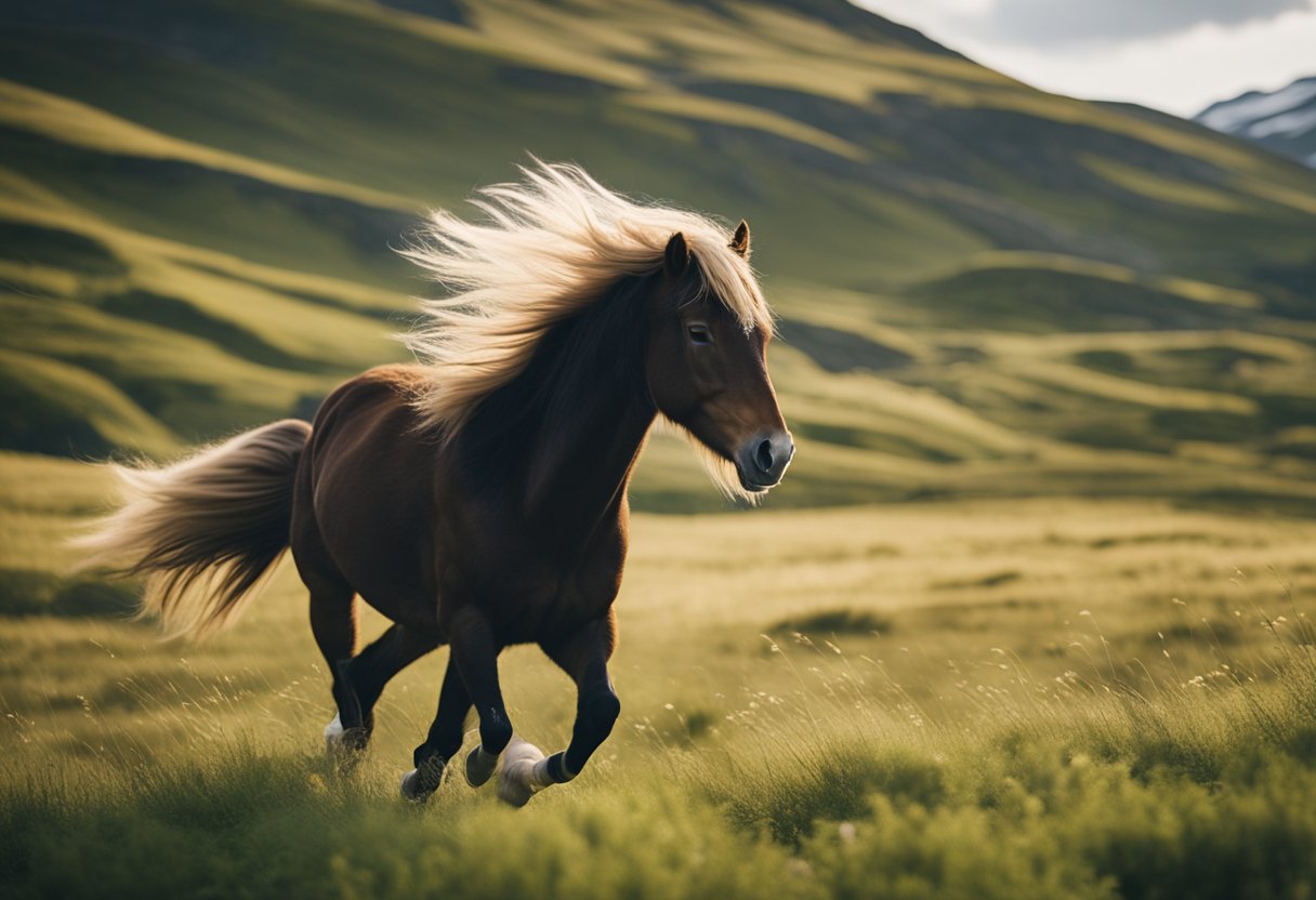 A sturdy Icelandic horse galloping through a lush, mountainous landscape. Its mane and tail flowing in the wind, exuding strength and grace