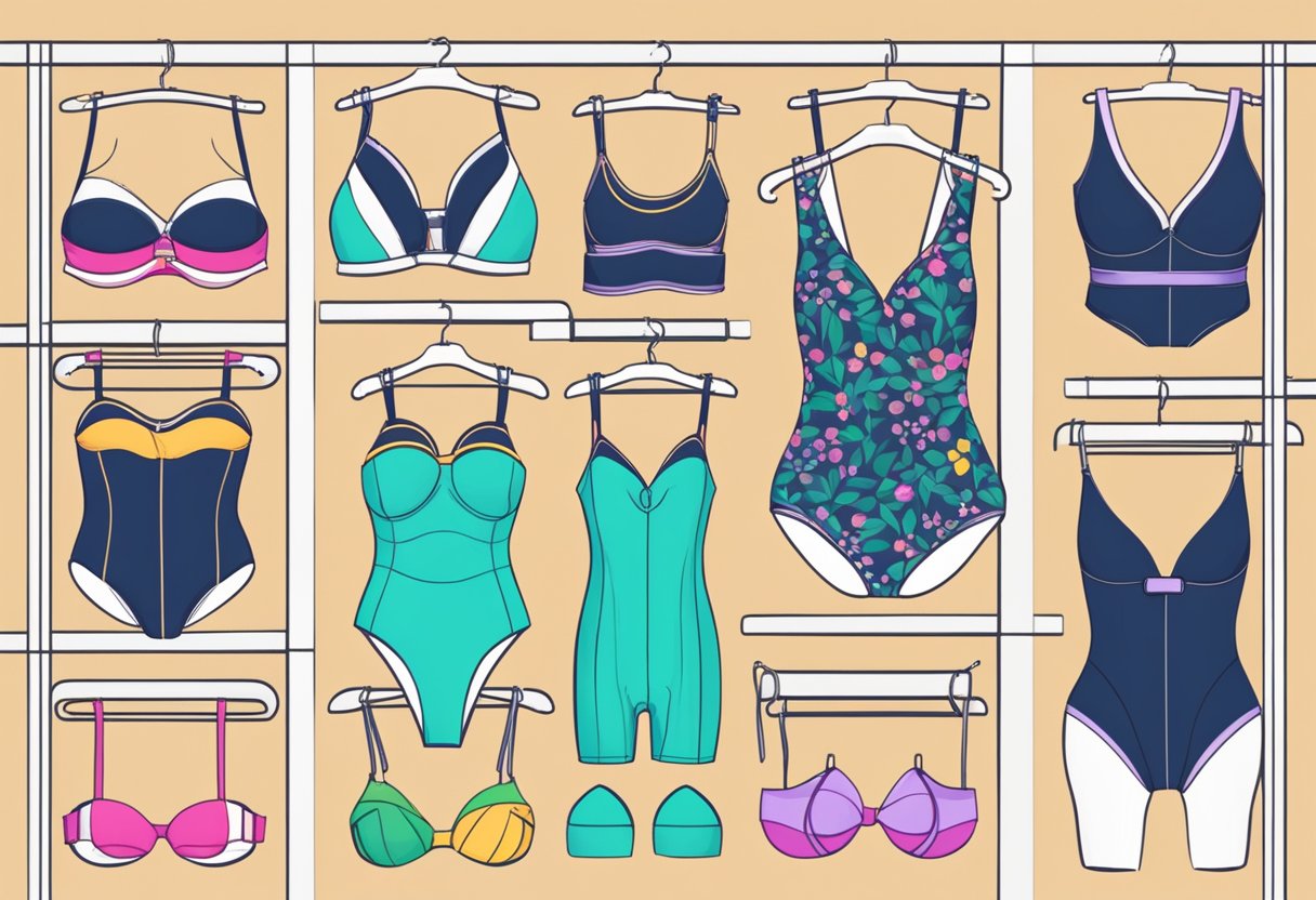 A variety of swimwear in different sizes displayed on racks, with clear size labels for normal women