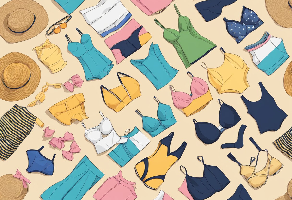 A variety of swimwear styles laid out on a beach backdrop, showcasing options for different body types