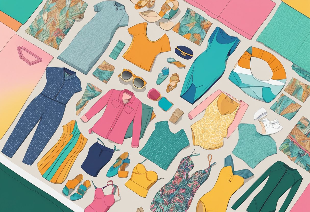 A variety of fabrics and materials lay spread out, from vibrant prints to sleek solids, ready to be crafted into stylish swimwear for everyday women