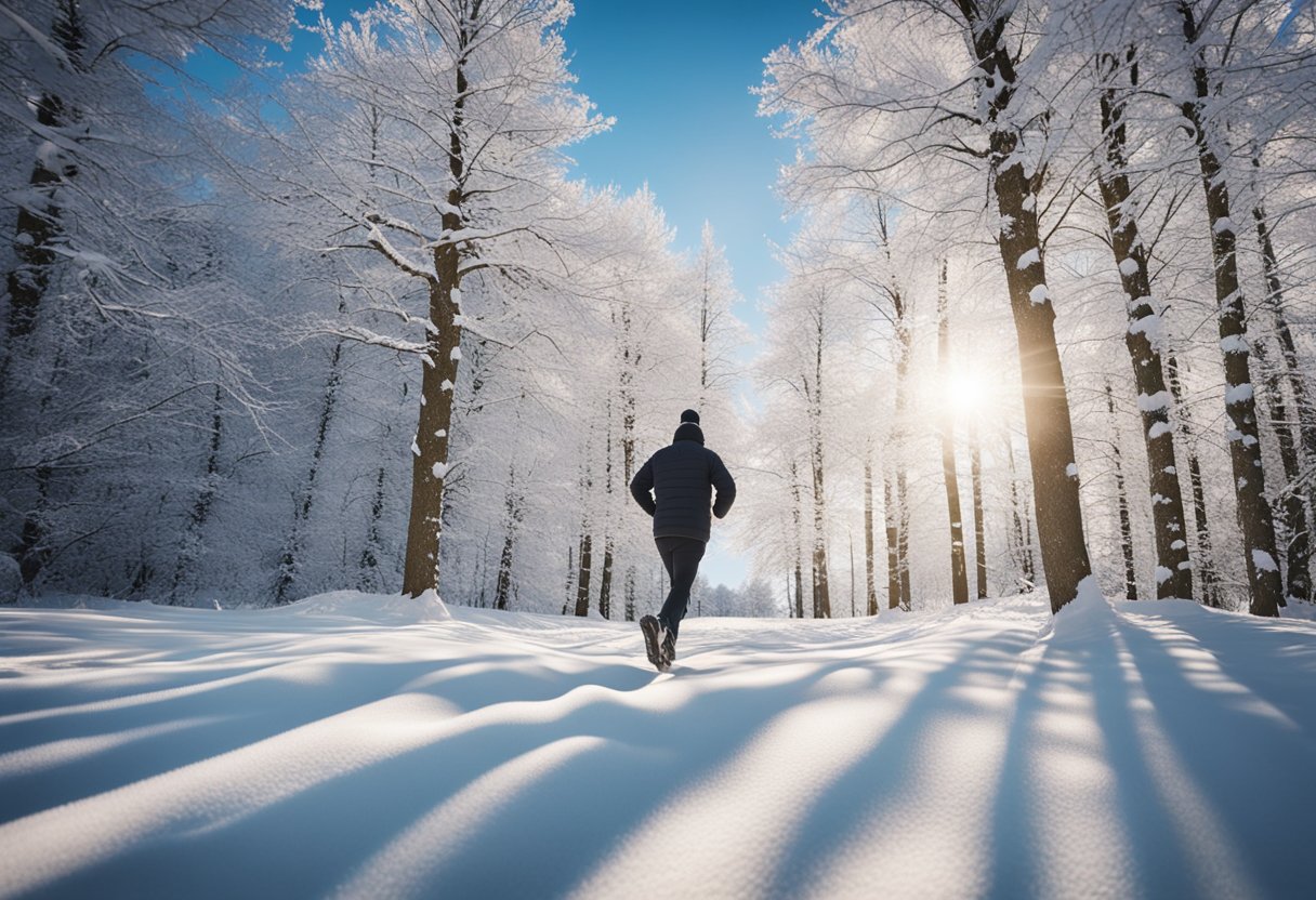 A snowy landscape with a person running in warm clothing, surrounded by snow-covered trees and a clear blue sky
